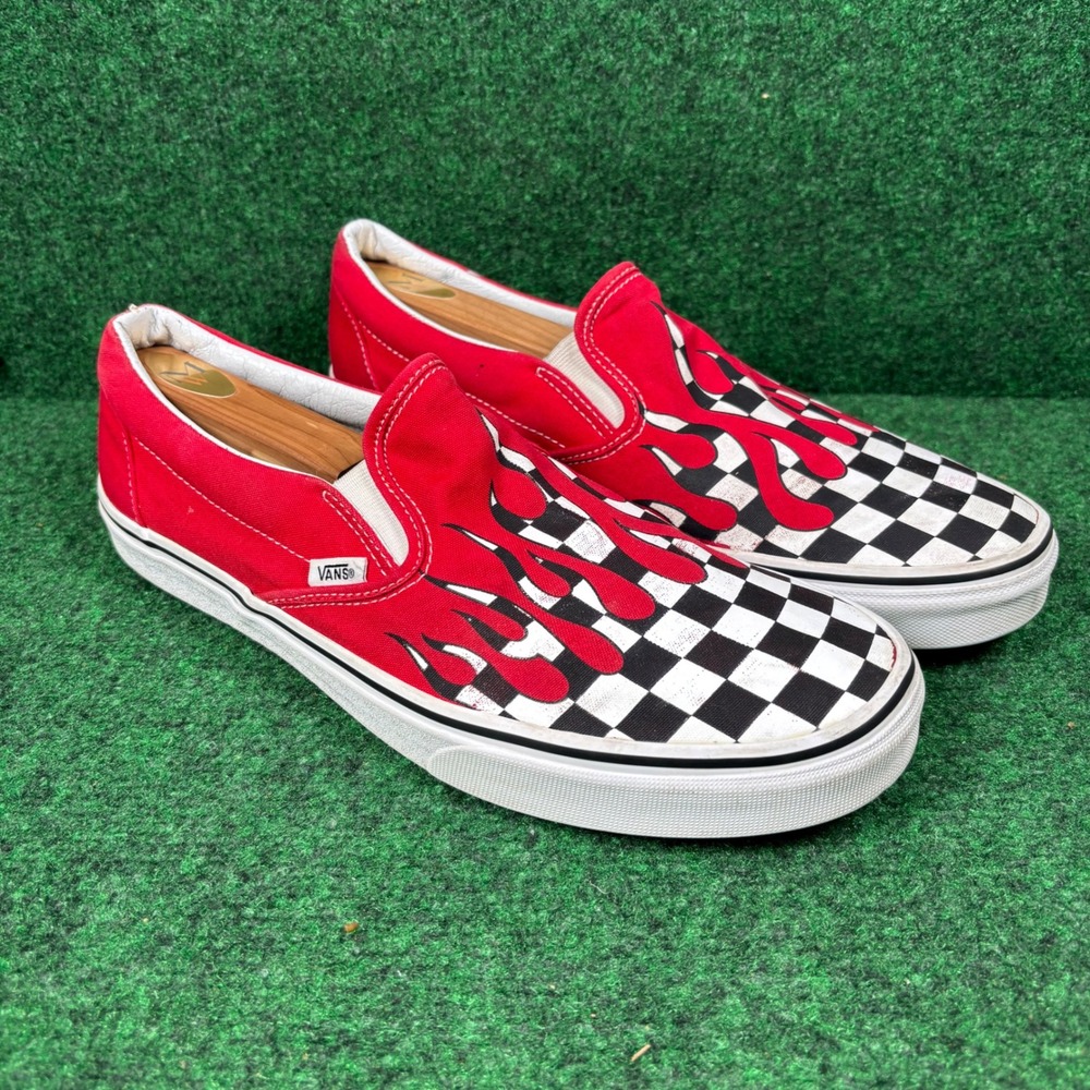Vans Classic Slip-On Red Checkerboard Flame Men 12 VN0A38F7PHN Skate Shoes